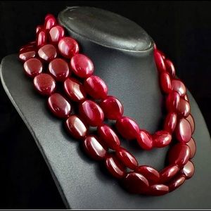 New - 1449 Cts Earth Mined 3 Line Red Ruby Oval Shape Beads Womens Necklace